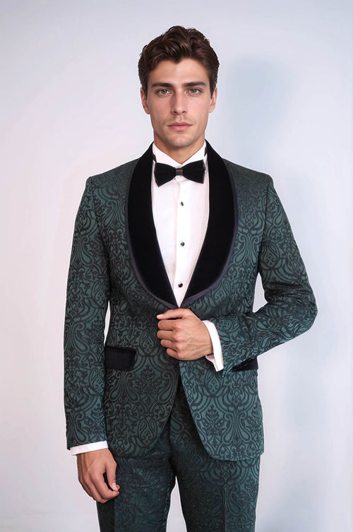 2 Piece Damask Patterned Velvet Shawl Collar Emerald Green Men's Tuxedo Suit - Wessi