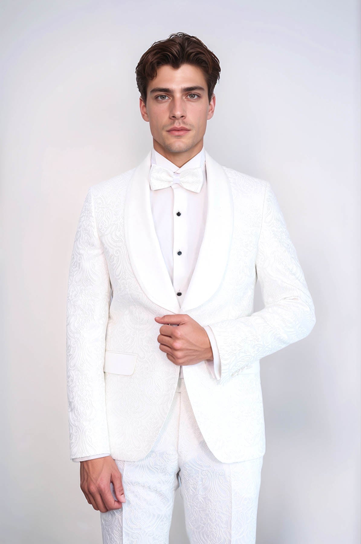 2 Piece Damask Patterned Velvet Shawl Collar White Men's Tuxedo Suit - Wessi
