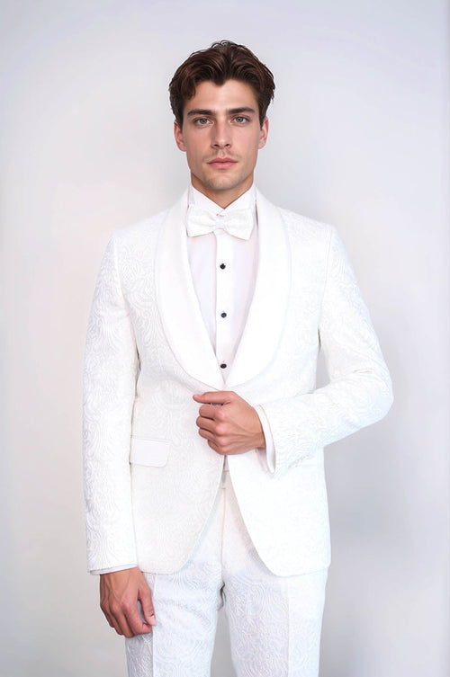 2 Piece Damask Patterned Velvet Shawl Collar White Men's Tuxedo Suit - Wessi