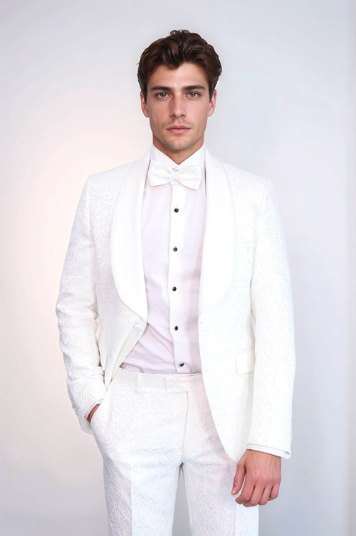 2 Piece Damask Patterned Velvet Shawl Collar White Men's Tuxedo Suit - Wessi