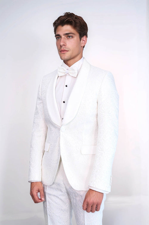 2 Piece Damask Patterned Velvet Shawl Collar White Men's Tuxedo Suit - Wessi