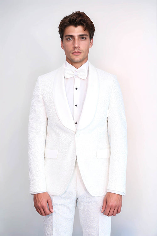 2 Piece Damask Patterned Velvet Shawl Collar White Men's Tuxedo Suit - Wessi
