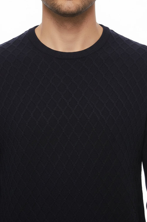 Diamond Pattern Circle Neck Navy Sweater - Wessi