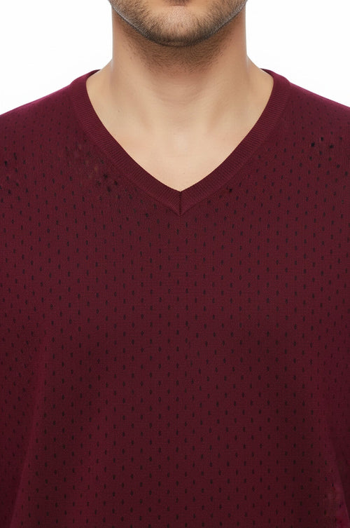 Dot Patterned V Neck Burgundy Sweater - Wessi