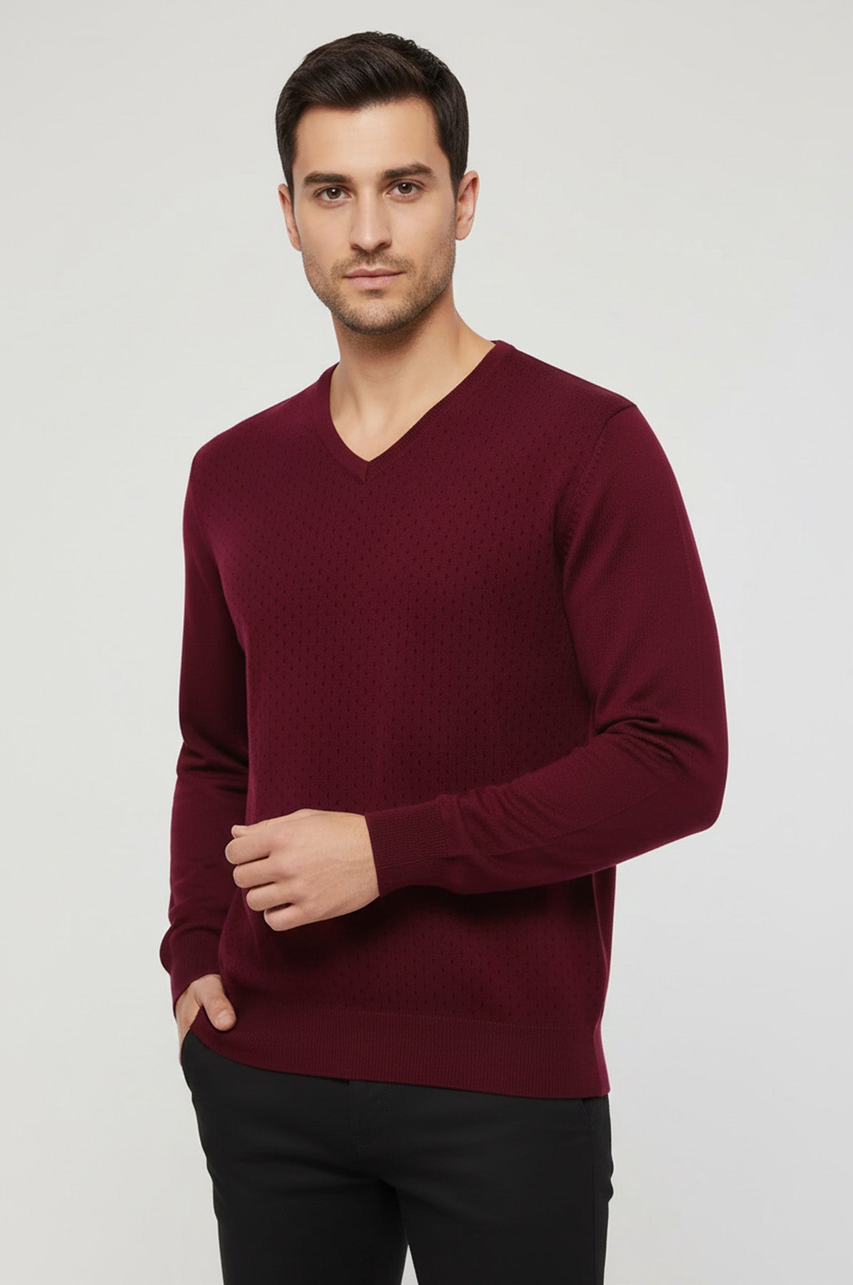 Dot Patterned V Neck Burgundy Sweater - Wessi