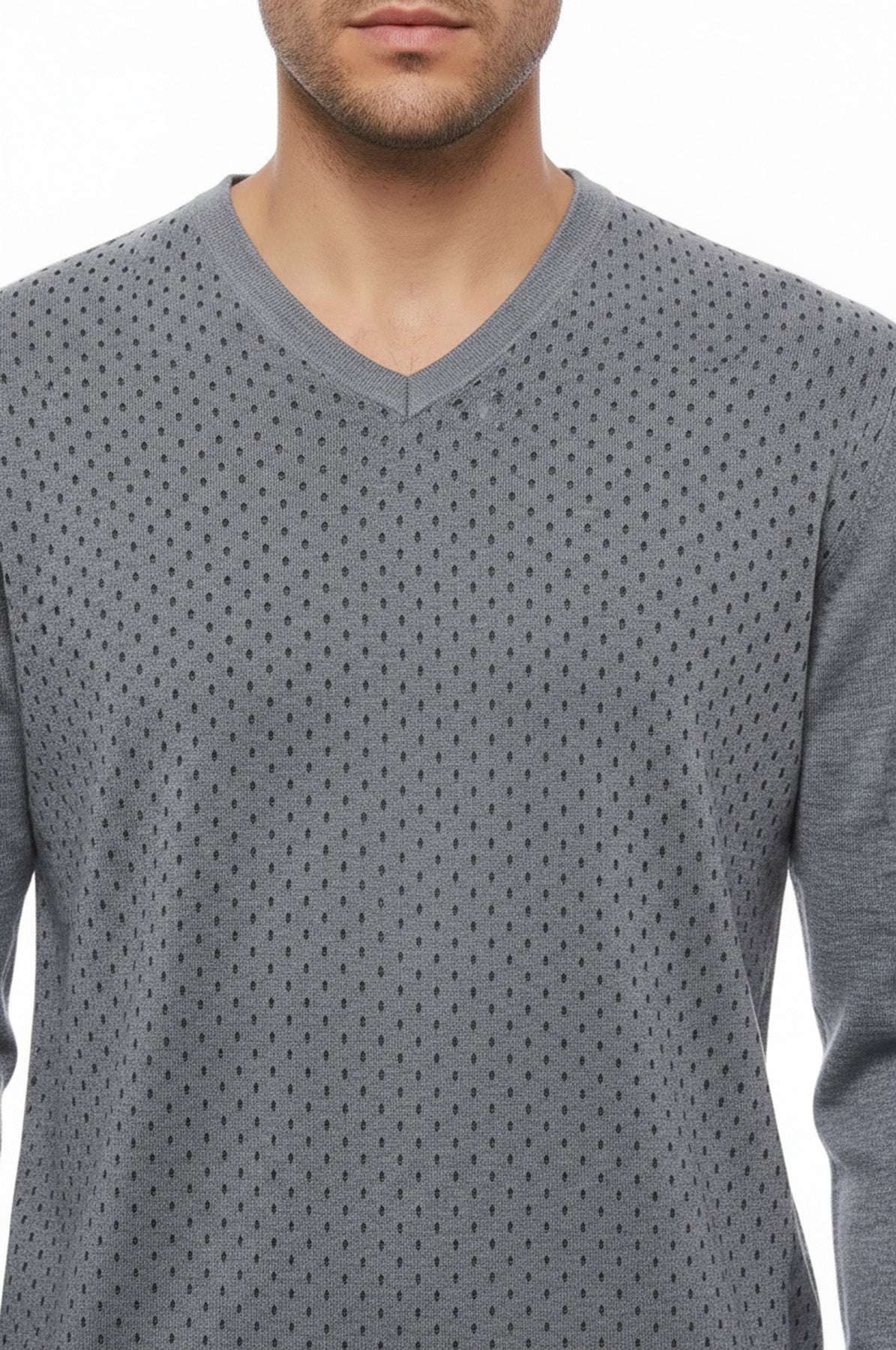 Dot Patterned V Neck Grey Sweater - Wessi