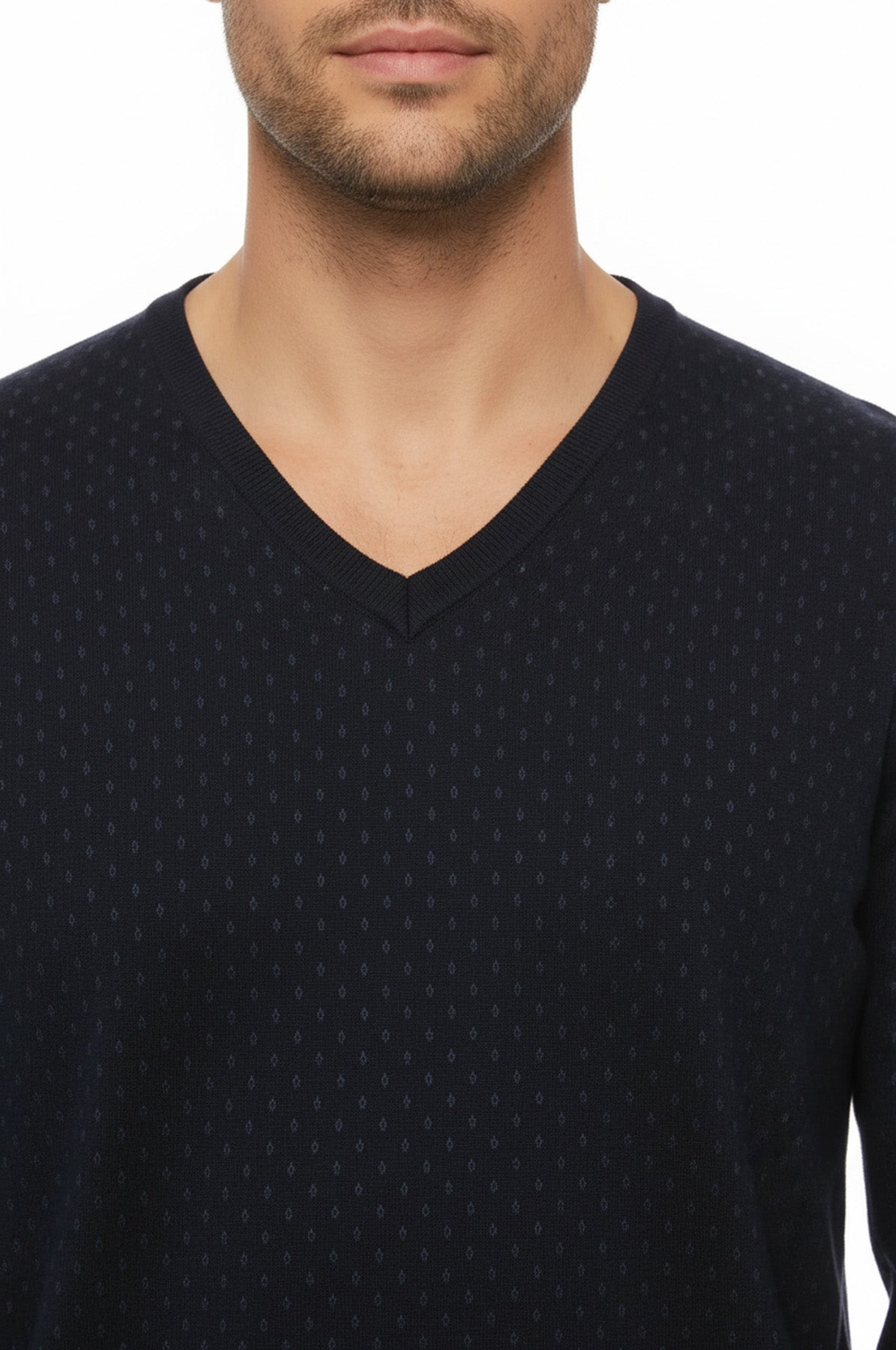 Dot Patterned V Neck Navy Blue Sweater - Wessi