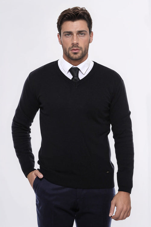 V Neck Black Men's Sweater- Wessi