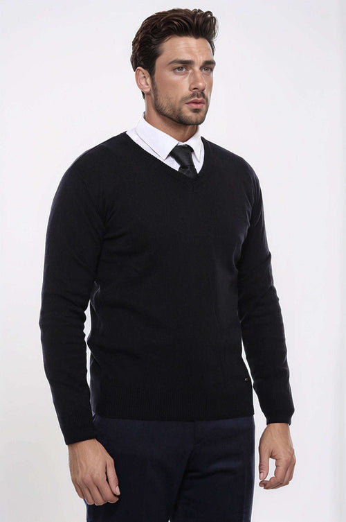V Neck Black Men's Sweater- Wessi