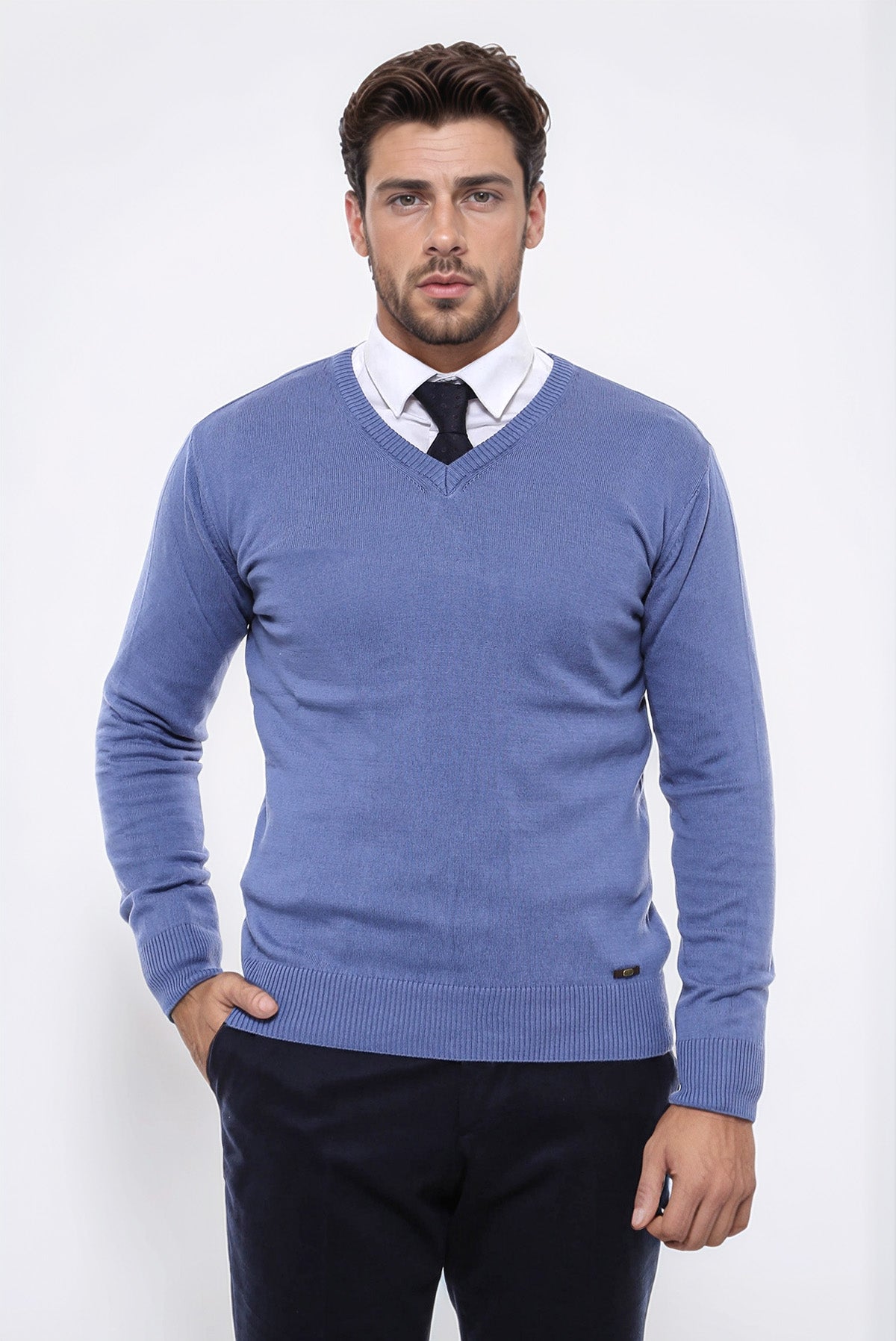 V Neck Blue Men's Knitwear - Wessi