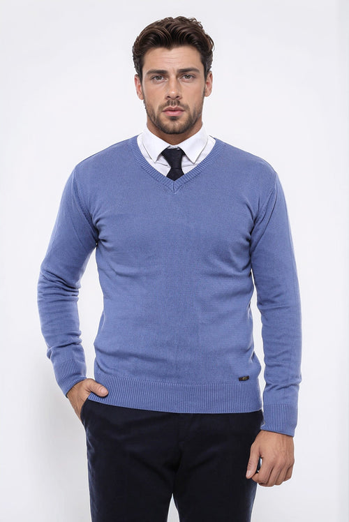 V Neck Blue Men's Knitwear - Wessi