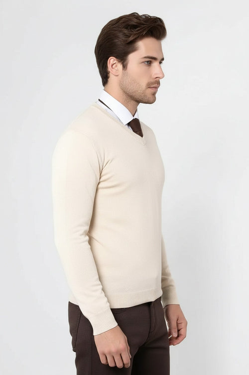 V Neck Cream Sweater - Wessi