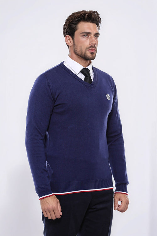 Navy Blue V Neck Slim Fit Men Sweater - Wessi