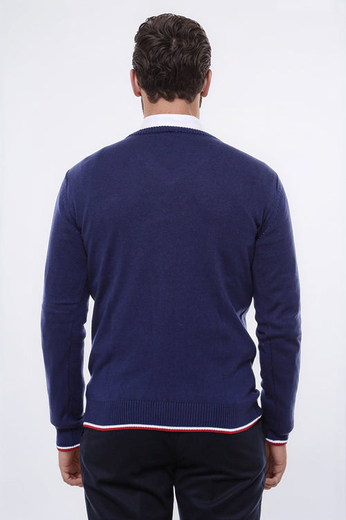 Navy Blue V Neck Slim Fit Men Sweater - Wessi
