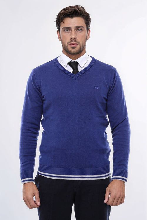 Dark Blue V Neck Slim Fit Sweater - Wessi