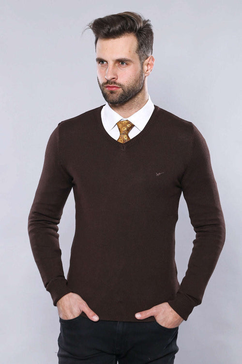 Slim Fit V Neck Long Sleeve Brown Men Knitwear