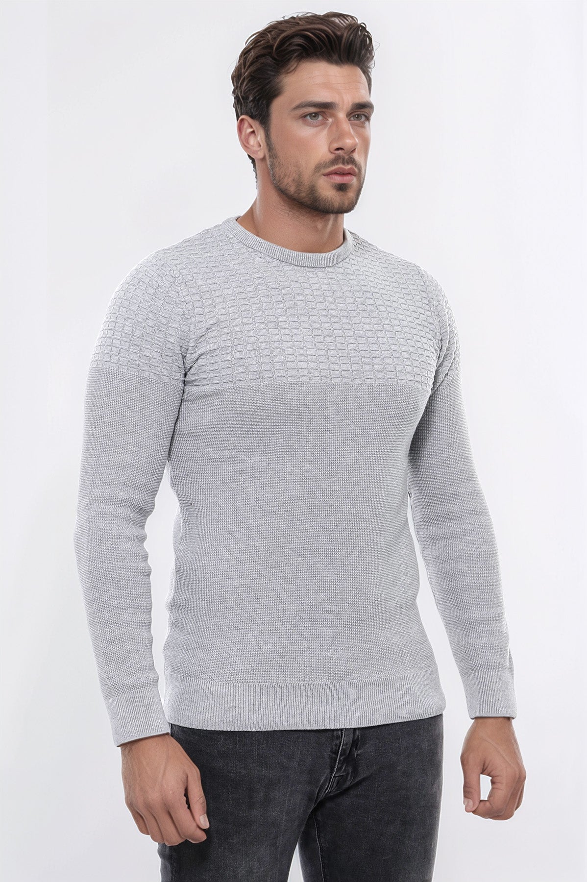 Circle Neck Patterned Light Grey Men Knitwear - Wessi