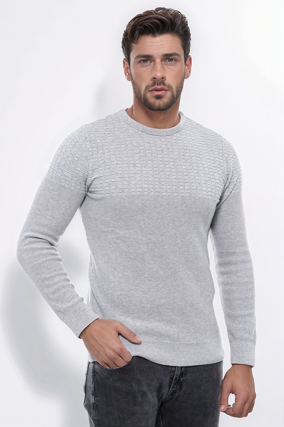Circle Neck Patterned Light Grey Men Knitwear - Wessi