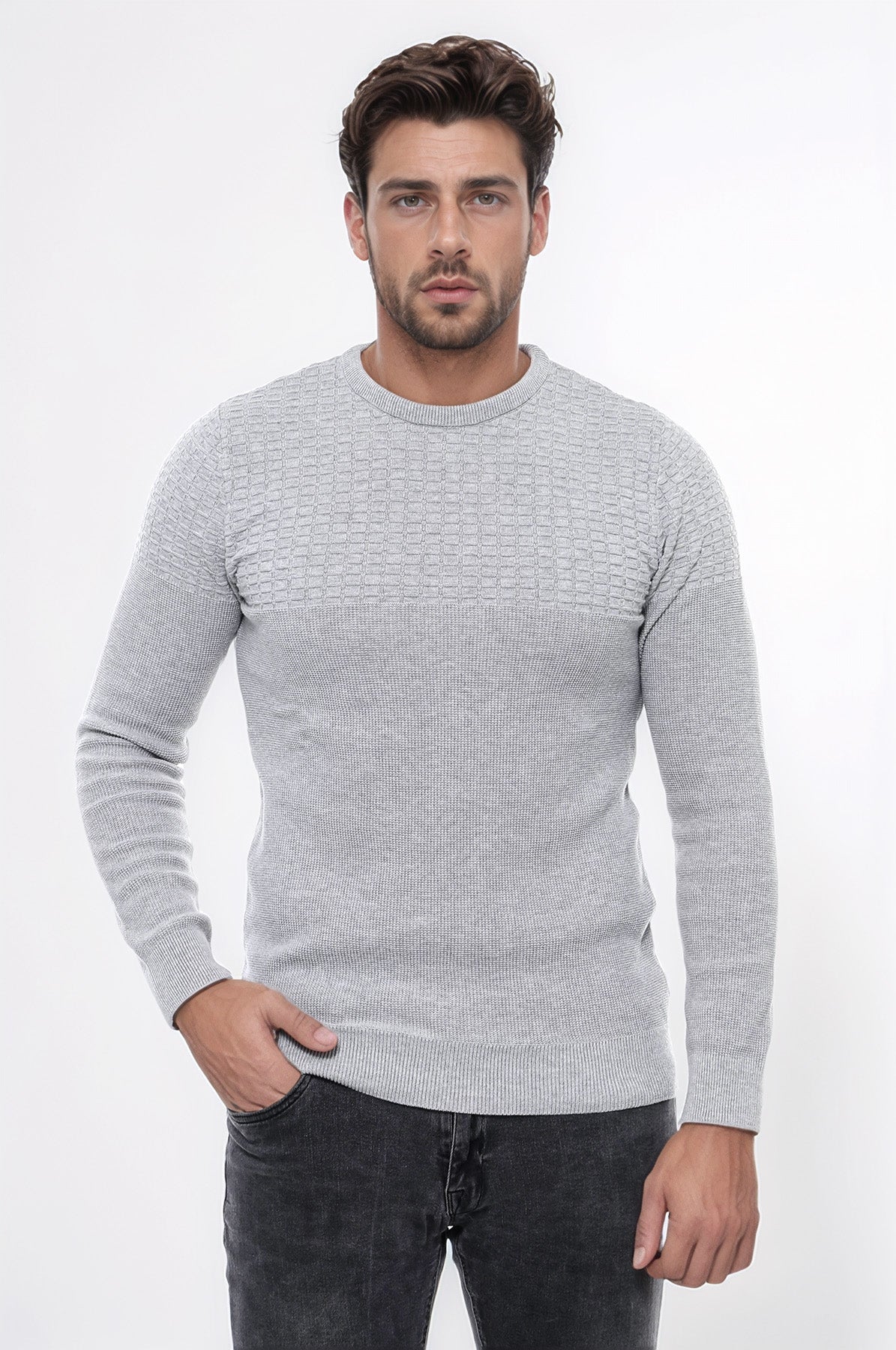 Circle Neck Patterned Light Grey Men Knitwear - Wessi
