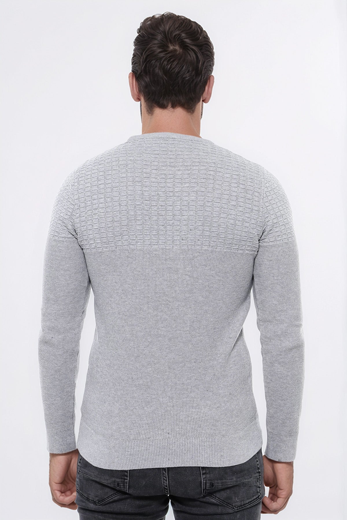 Circle Neck Patterned Light Grey Men Knitwear - Wessi