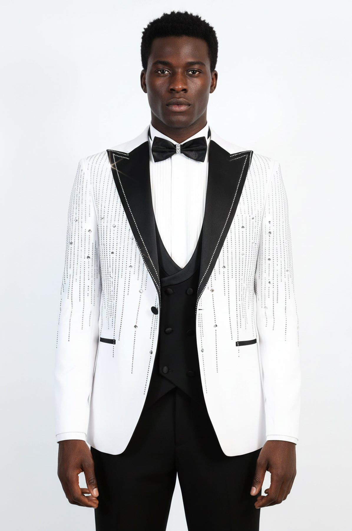 White Crystal Embellished Slim Fit Peak Lapel Tuxedo Suit – Wessi