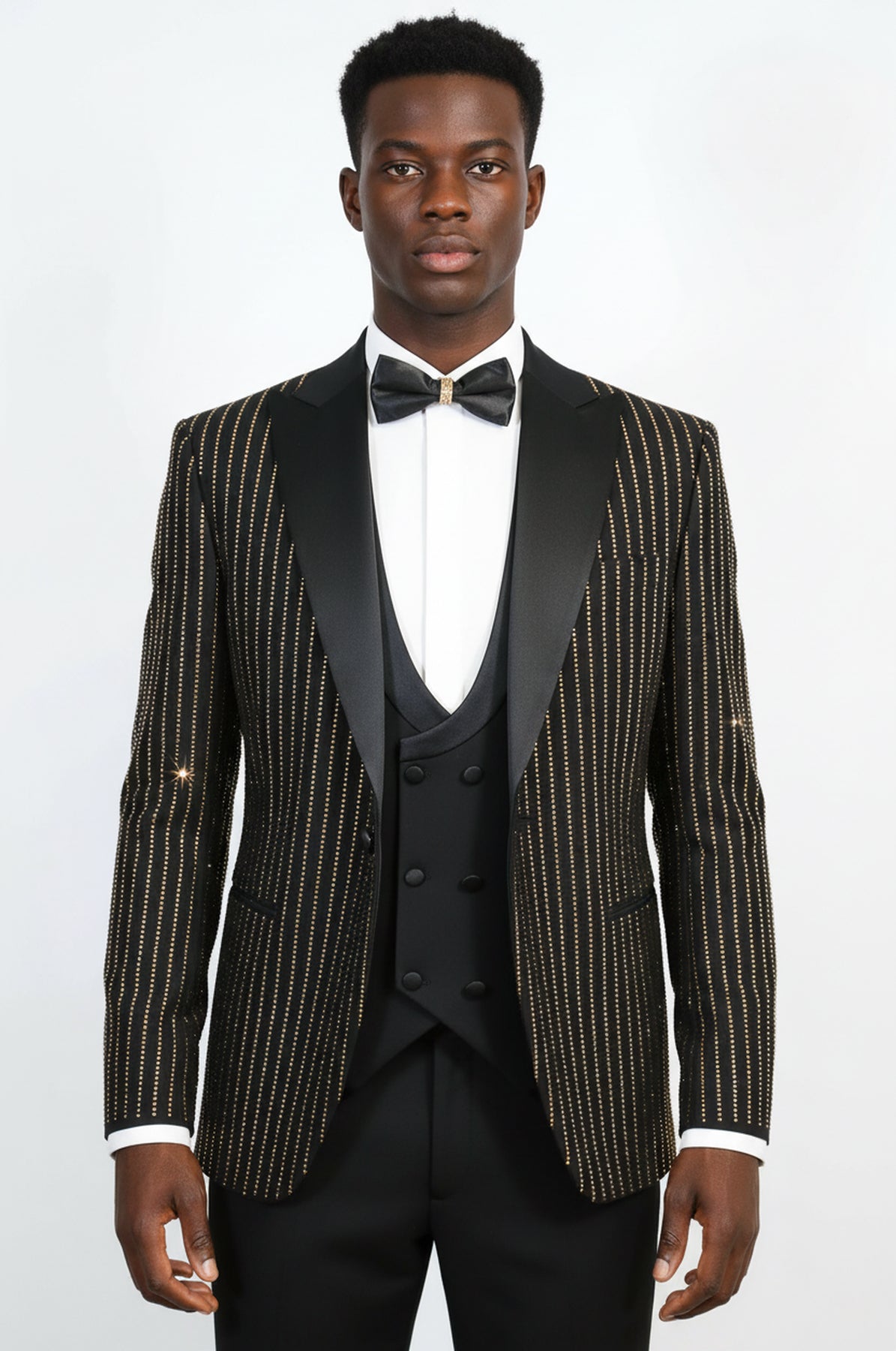 Black Gold Rhinestone Stripe Peak Lapel Tuxedo Suit – Wessi