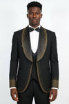 Black 3-Piece Suit with Gold Bead Embellished Shawl Lapel - Wessi