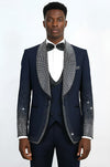 Navy Blue 3-Piece Suit with Silver Bead Embellished Shawl Lapel - Wessi
