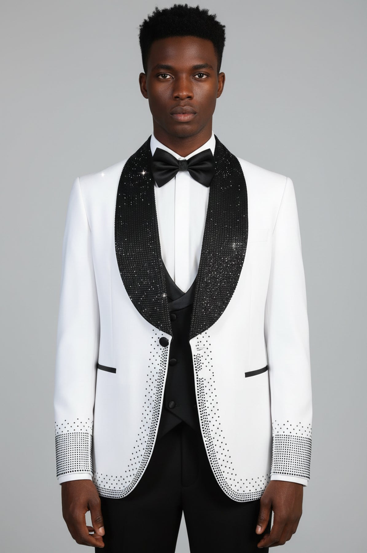 White 3-Piece Suit with Black Bead Embellished Shawl Lapel - Wessi