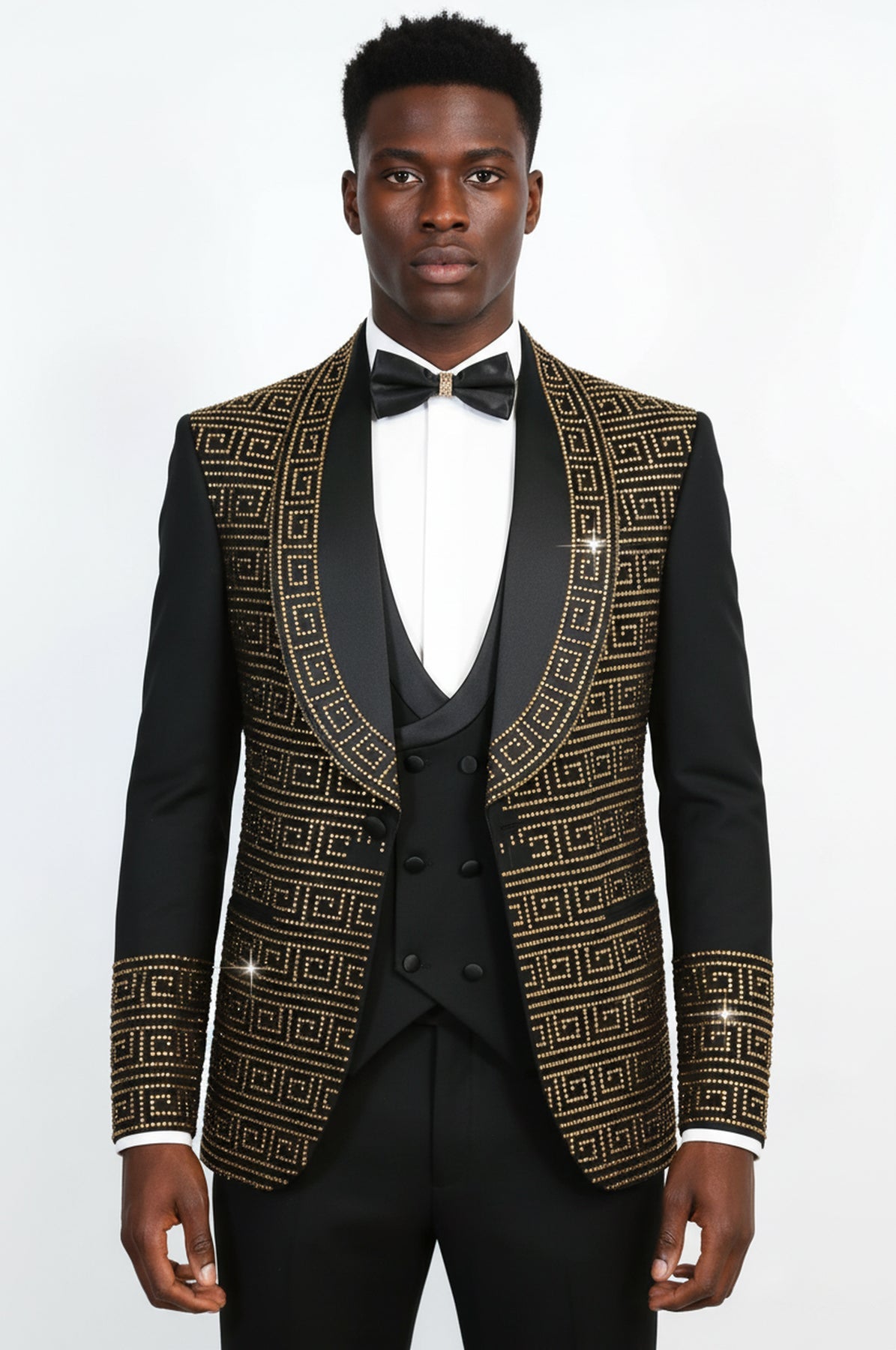 Black Gold Greek Key Rhinestone Shawl Lapel Tuxedo Suit – Wessi
