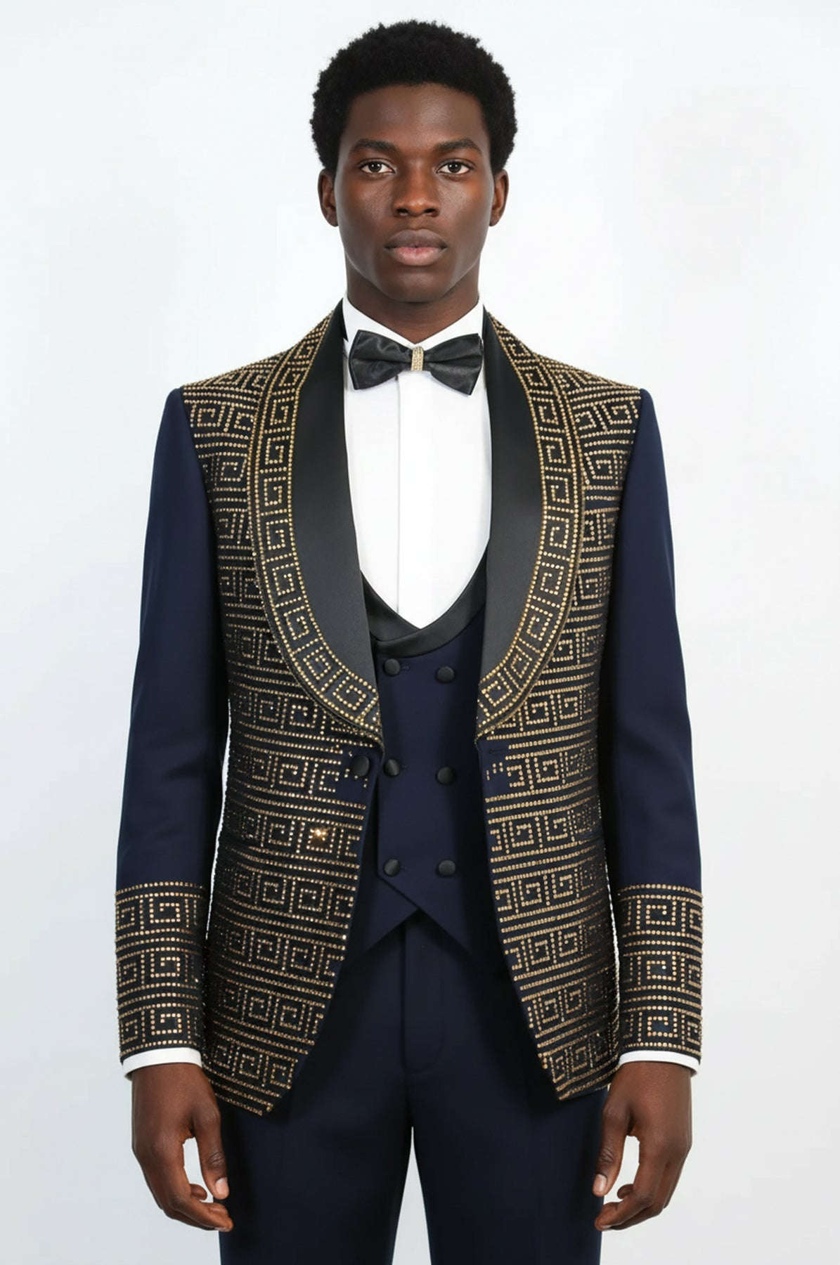 Navy Gold Greek Key Rhinestone Shawl Lapel Tuxedo Suit – Wessi