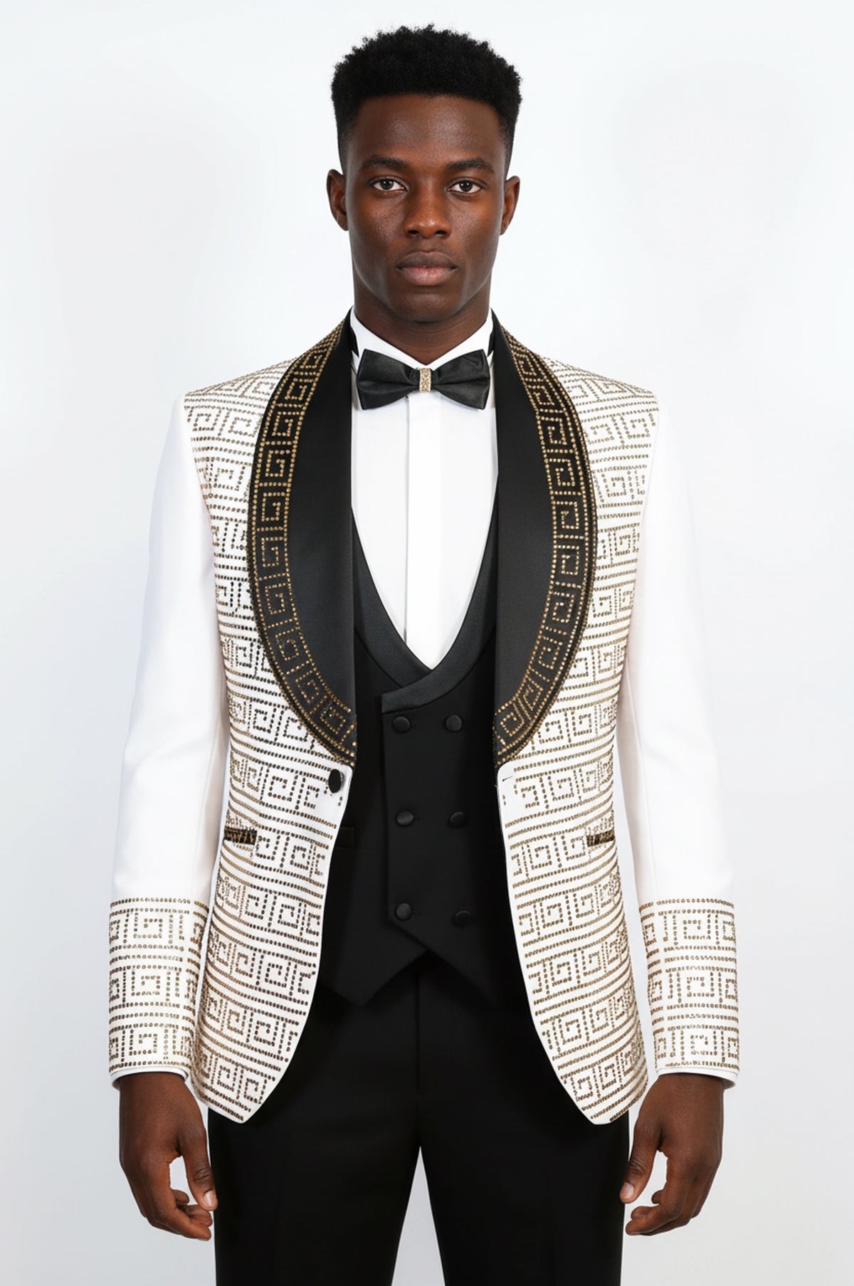 White Gold Greek Key Rhinestone Shawl Lapel Tuxedo Suit – Wessi