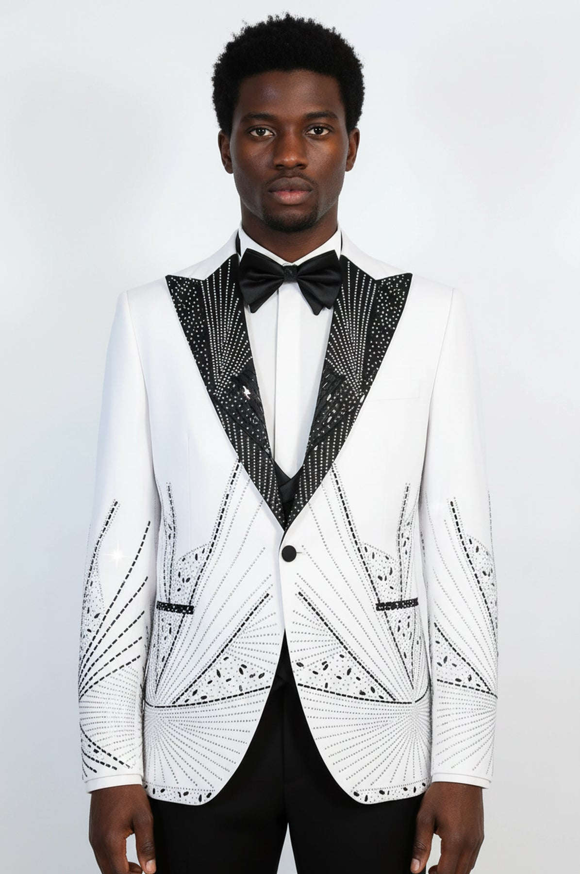 White Black Sunburst Rhinestone Peak Lapel Tuxedo Suit – Wessi