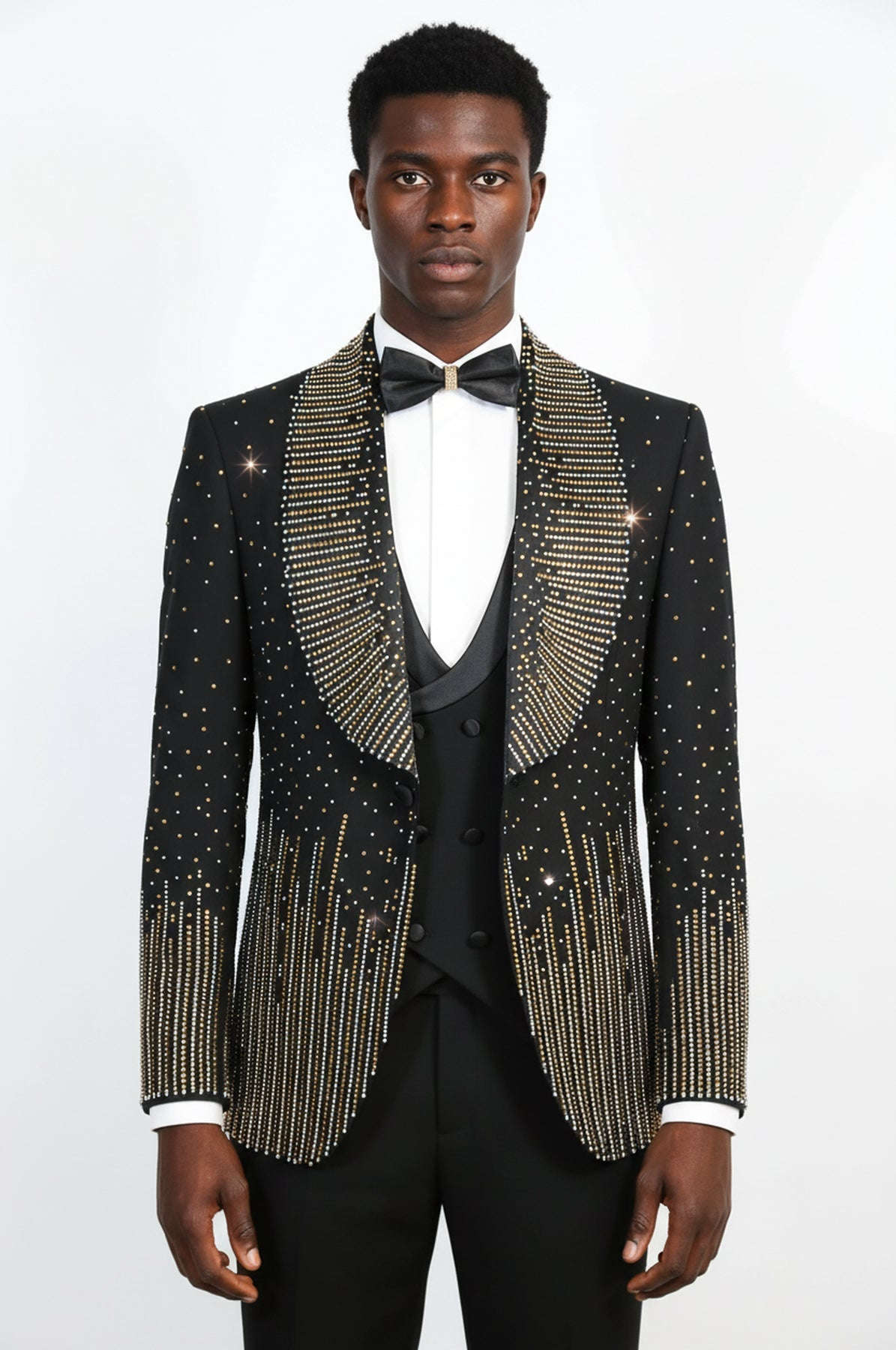 Black 3-Piece Suit with Gold Vertical Bead Embellishments - Wessi