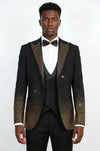 Black 3-Piece Suit with Gold Geometric Patterned Peak Lapel - Wessi