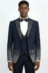 Navy Blue 3-Piece Suit with Silver Geometric Patterned Peak Lapel - Wessi