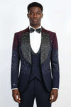 Men's Navy Blue Burgundy Ombre Rhinestone Shawl Lapel 3-Piece Tuxedo Suit - Wessi
