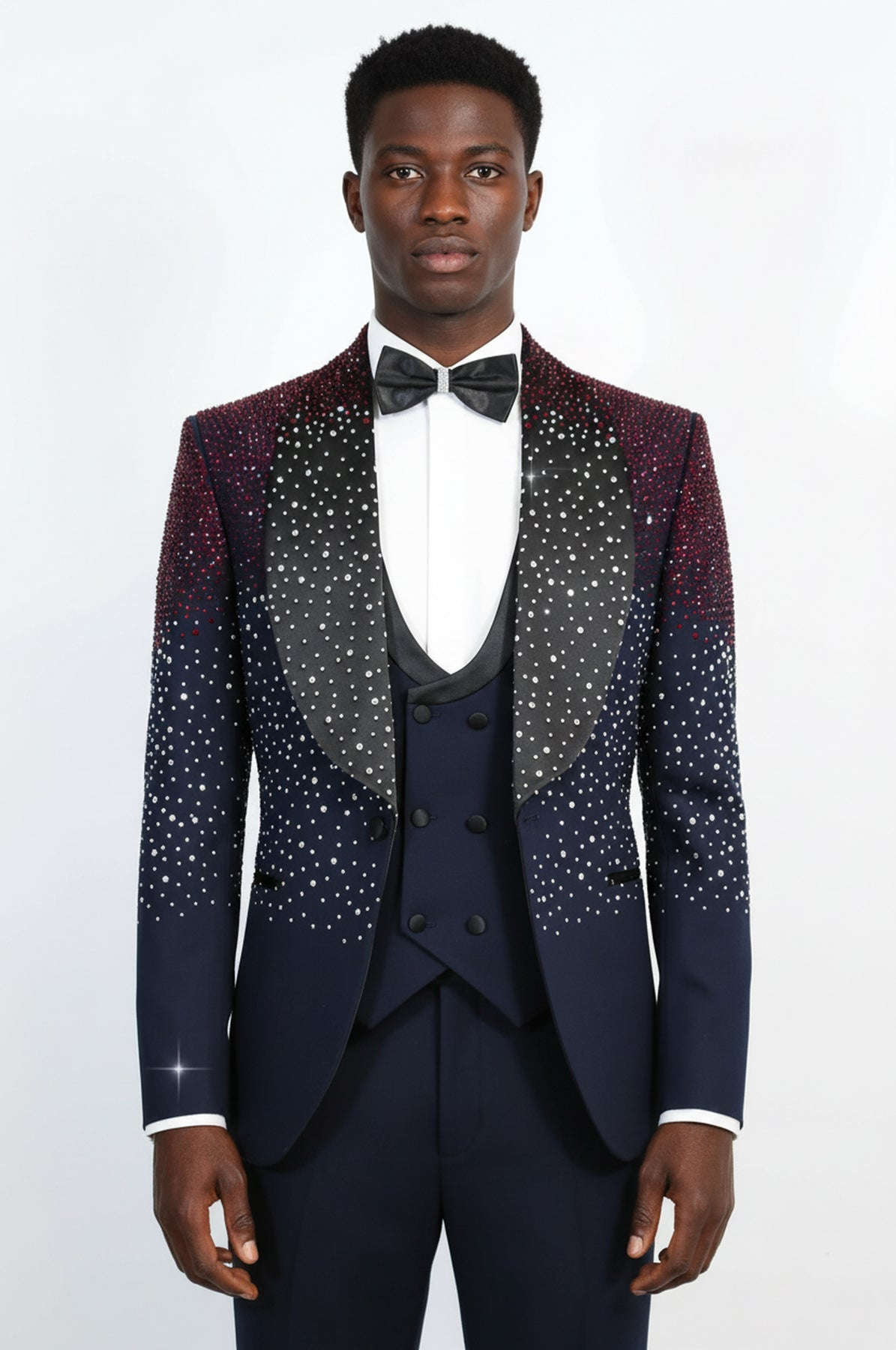 Men's Navy Blue Burgundy Ombre Rhinestone Shawl Lapel 3-Piece Tuxedo Suit - Wessi