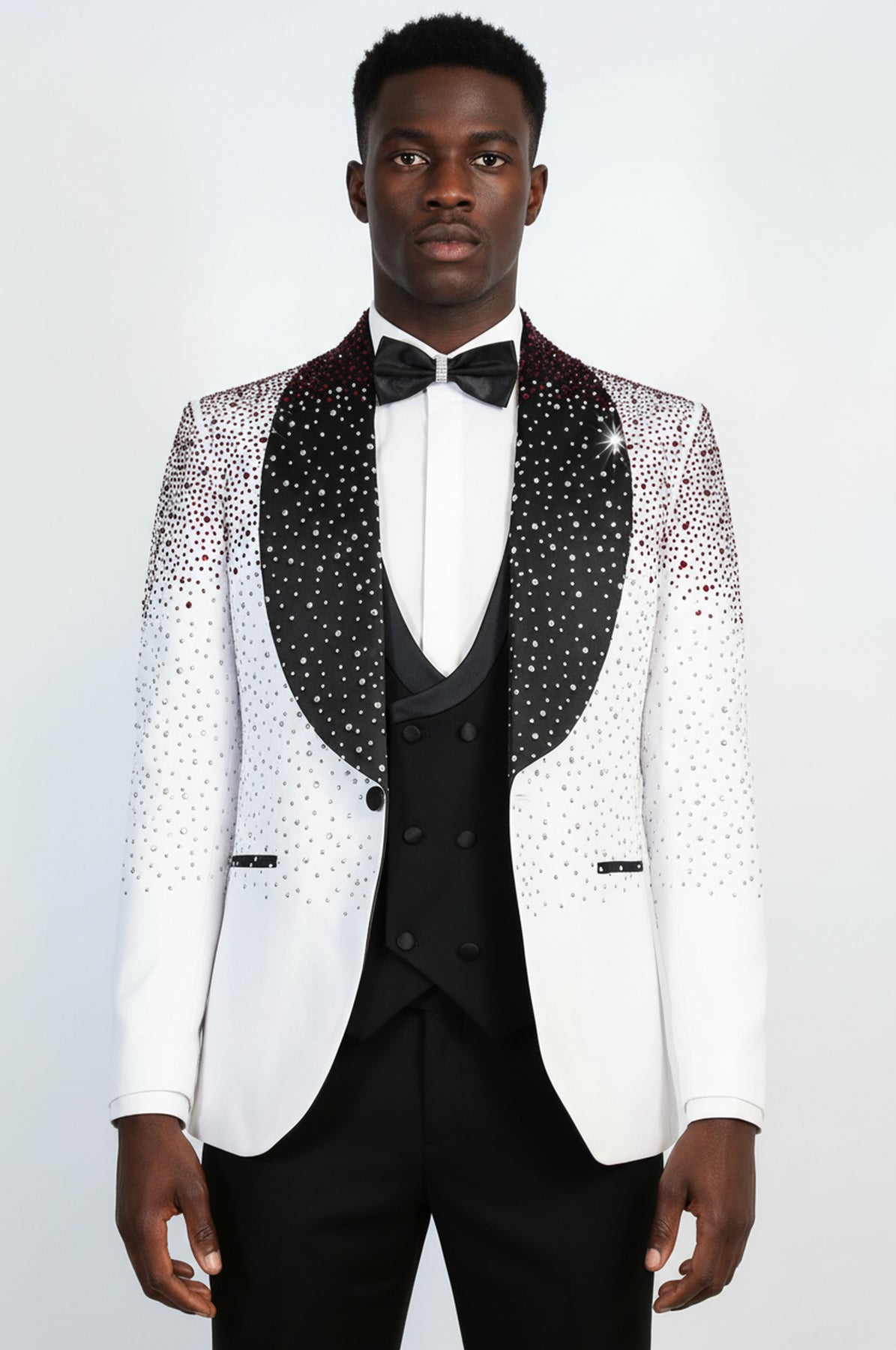Men's White Burgundy Ombre Rhinestone Shawl Lapel 3-Piece Tuxedo Suit - Wessi