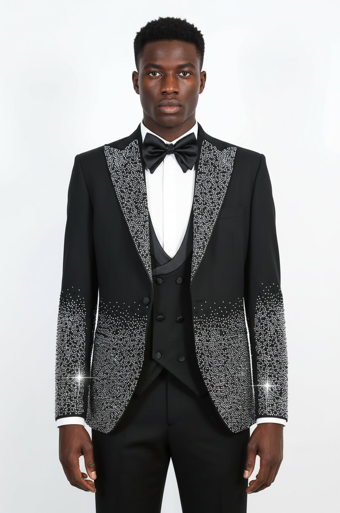 Men's Black Peak Lapel Tuxedo with Silver Hem-Embellished Rhinestones 3-Piece - Wessi