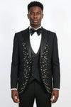 Men's Black Peak Lapel 3-Piece Tuxedo Suit with Silver Square Crystal Trim - Wessi