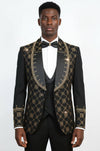 Men's Black Shawl Lapel 3-Piece Tuxedo Suit with Gold Geometric Rhinestone Pattern - Wessi