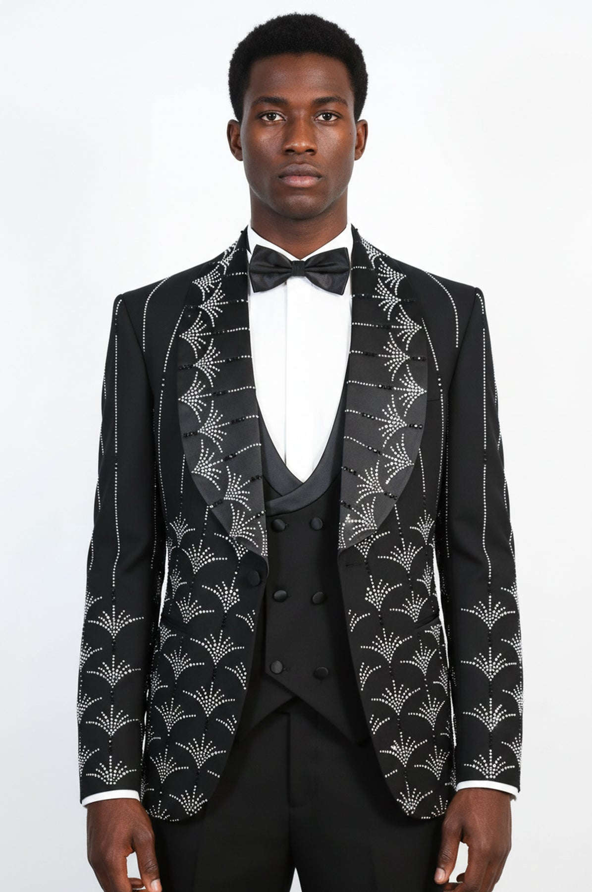 Men's Black Shawl Lapel 3-Piece Tuxedo Suit with Silver Sunburst Rhinestone Pattern - Wessi