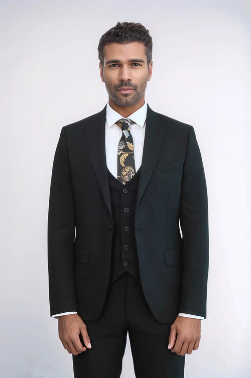 Three Piece Slim Fit Single Button Black Men Suit