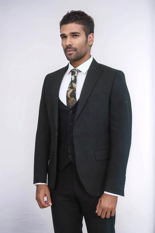 Three Piece Slim Fit Single Button Black Men Suit