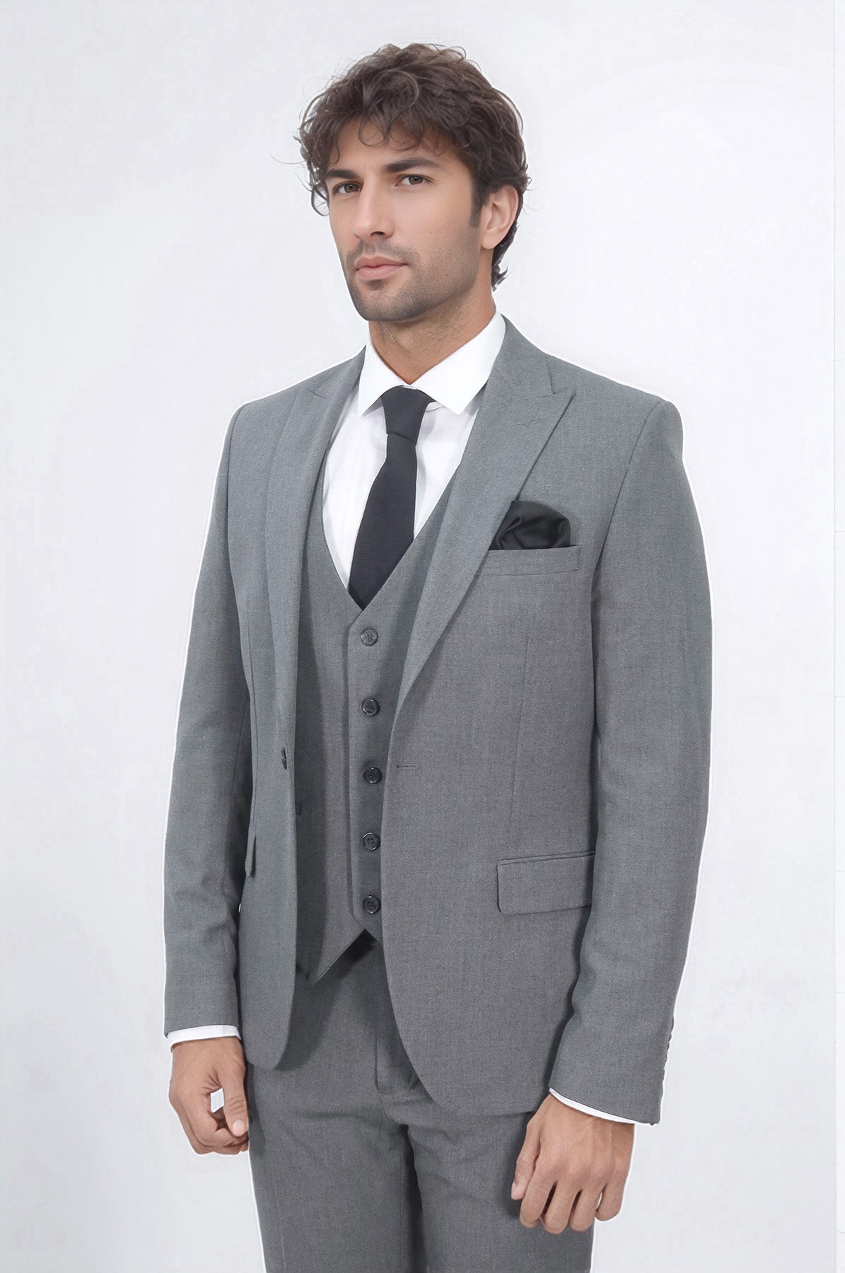 Three Piece Slim Fit Single Button Grey Men Suit