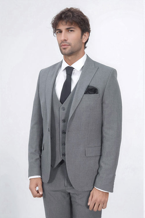 Three Piece Slim Fit Single Button Grey Men Suit