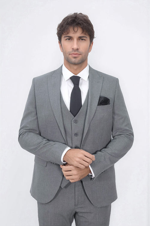 Three Piece Slim Fit Single Button Grey Men Suit