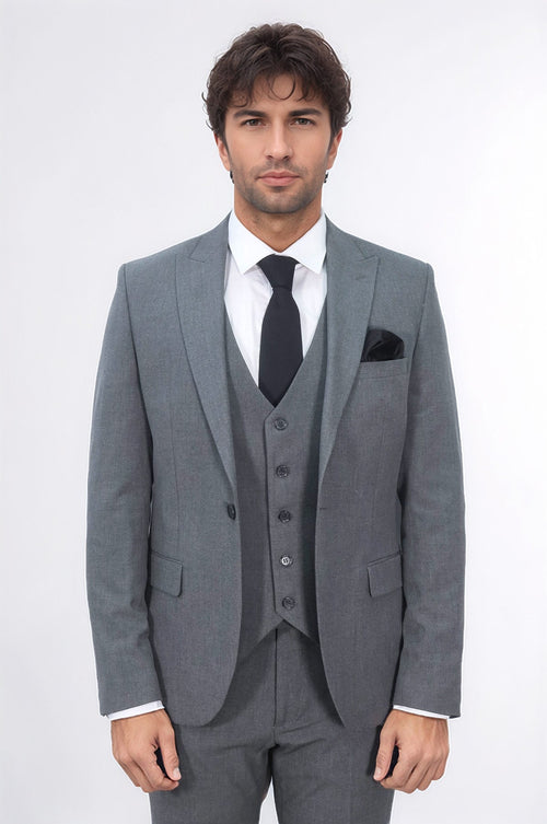 Three Piece Slim Fit Single Button Grey Men Suit