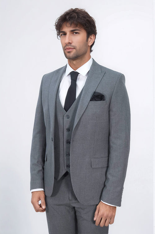 Three Piece Slim Fit Single Button Grey Men Suit